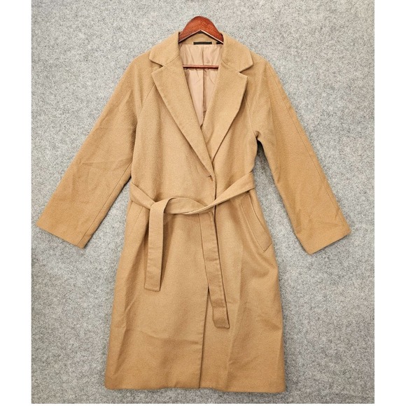 UNIQLO Camel Long Wool Coat Womens Small Tan Old Money Longline Belted Wrap Prep - Picture 1 of 14